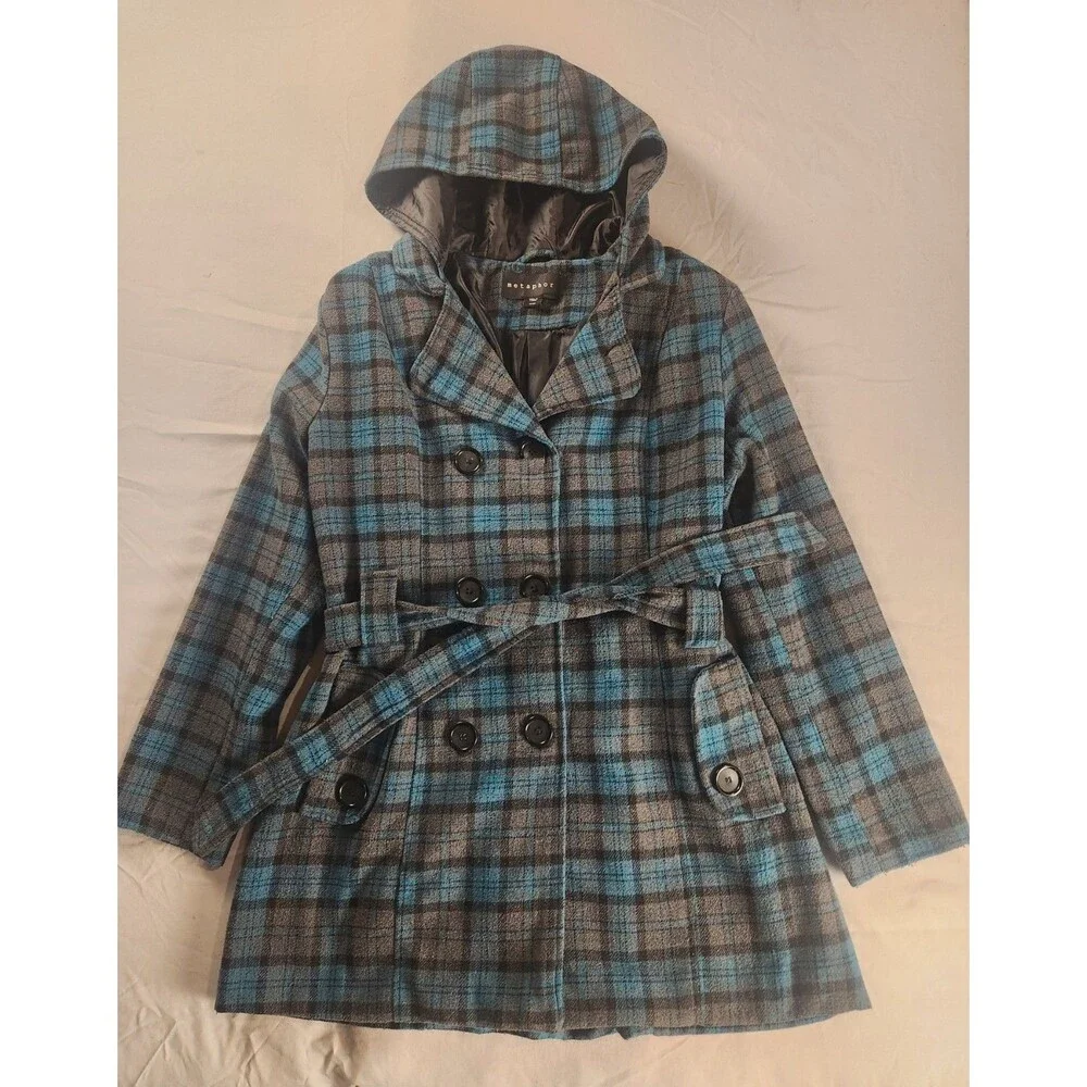 Metaphor Women’s XL Plaid Hooded Peacoat Wool Blend Double Breasted Belted - Picture 1 of 13